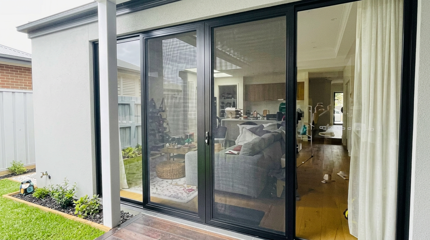 Black sliding security screens installed on a modern Toowoomba home