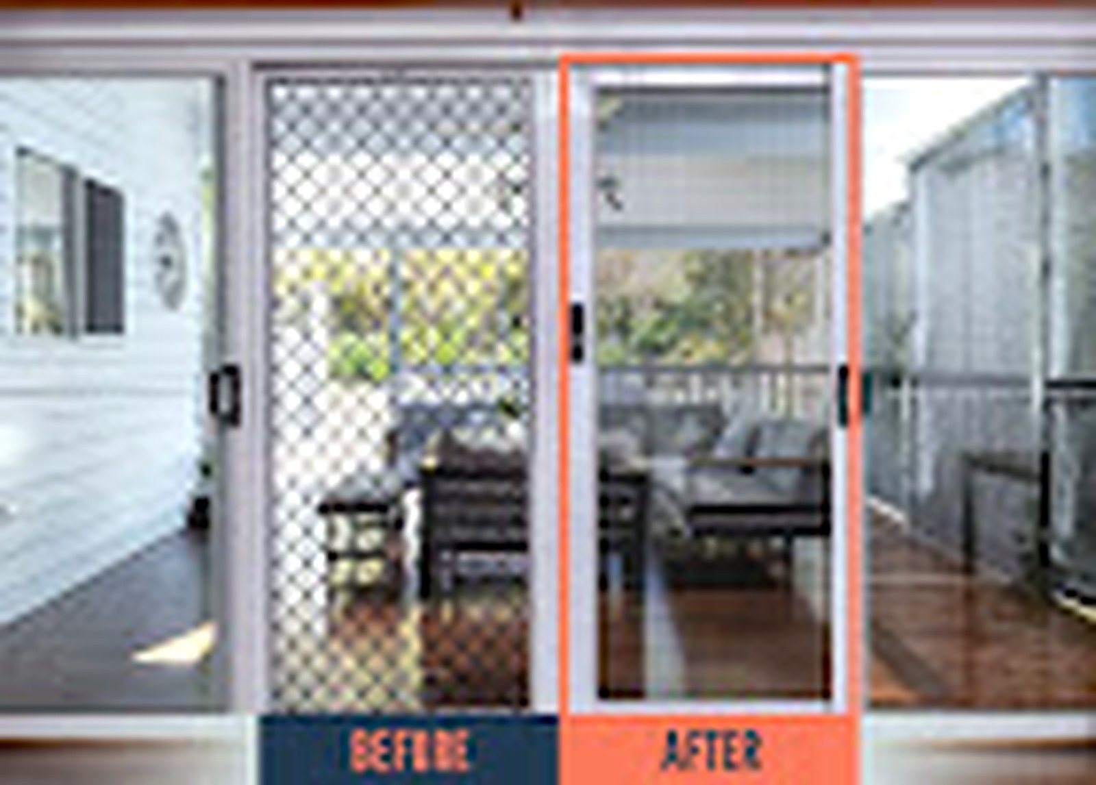 Before and after security screen door installation